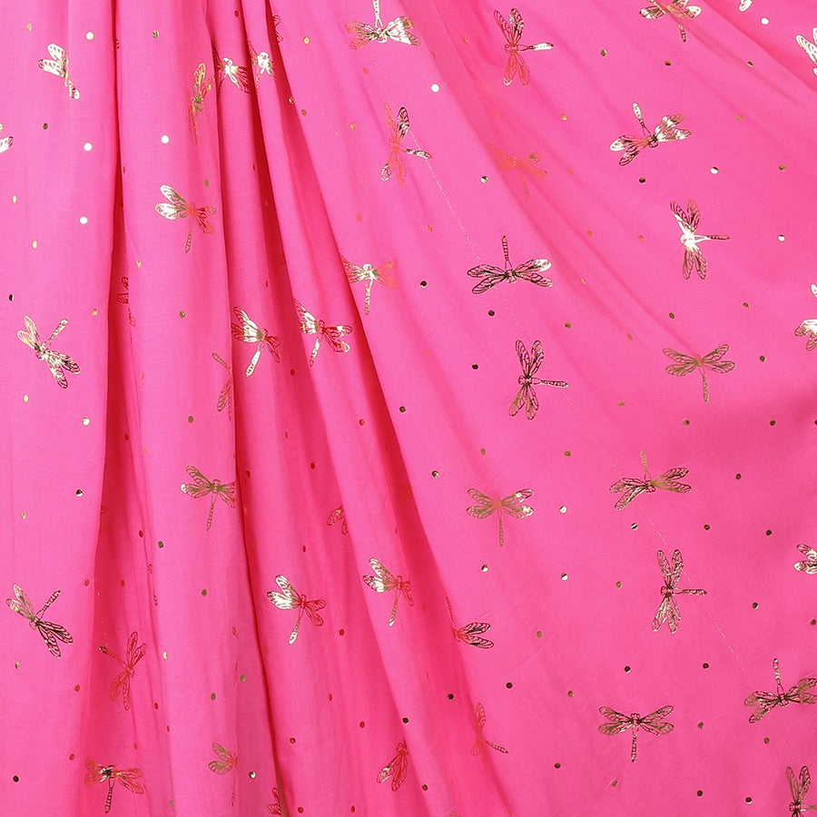 POM Bright Pink & Metallic Gold Foil Dragonfly Print Scarf