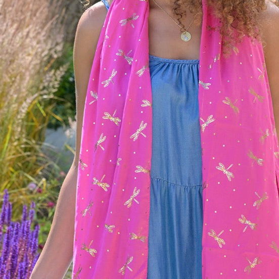 POM Bright Pink & Metallic Gold Foil Dragonfly Print Scarf