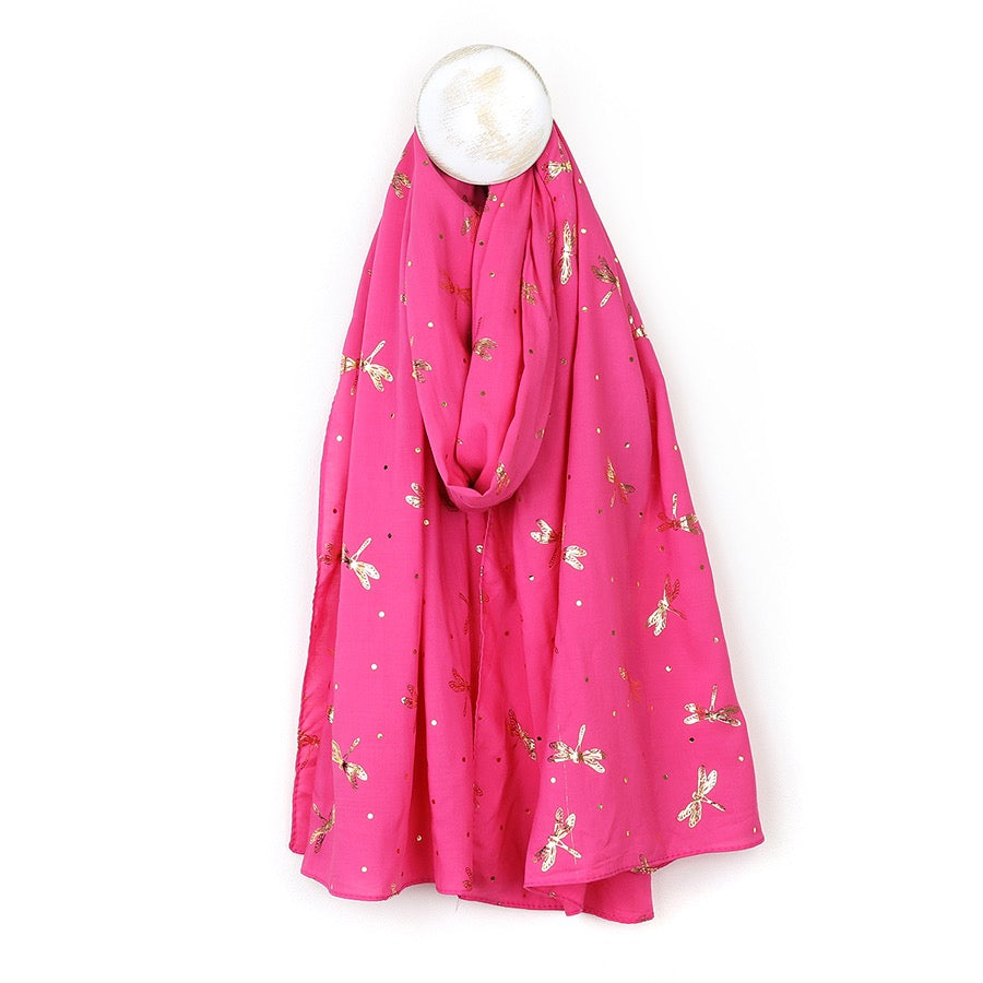 POM Bright Pink & Metallic Gold Foil Dragonfly Print Scarf