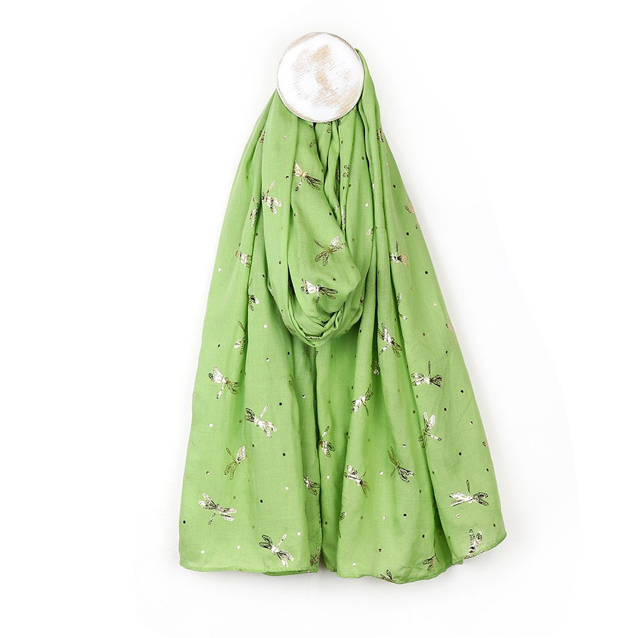 POM Bright Green & Metallic Gold Foil Dragonfly Print Scarf