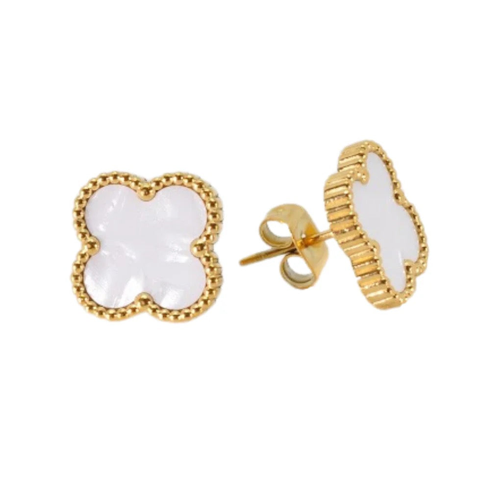Byzantium White Shimmer Four Leaf Clover Stud Earrings - Gold