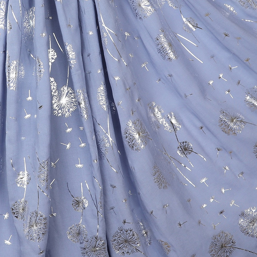 POM Denim Blue & Metallic Silver Foil Dandelion Print Scarf