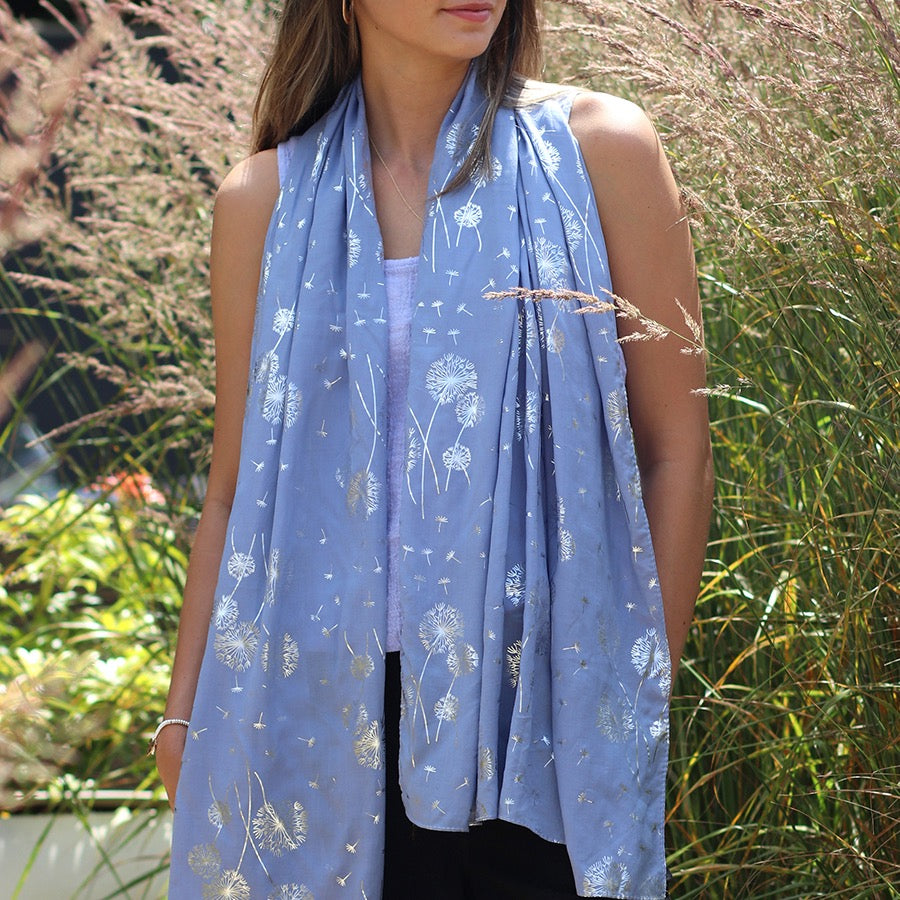POM Denim Blue & Metallic Silver Foil Dandelion Print Scarf