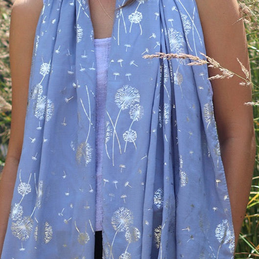 POM Denim Blue & Metallic Silver Foil Dandelion Print Scarf