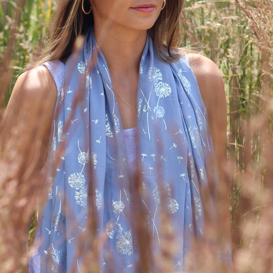 POM Denim Blue & Metallic Silver Foil Dandelion Print Scarf
