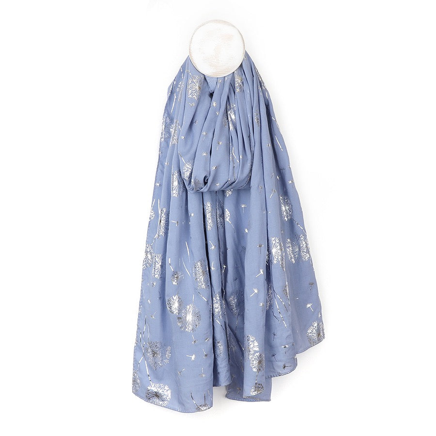 POM Denim Blue & Metallic Silver Foil Dandelion Print Scarf