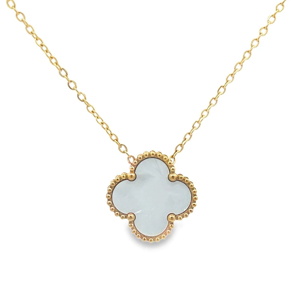 Byzantium White Shimmer Four Leaf Clover Pendant Necklace - Gold