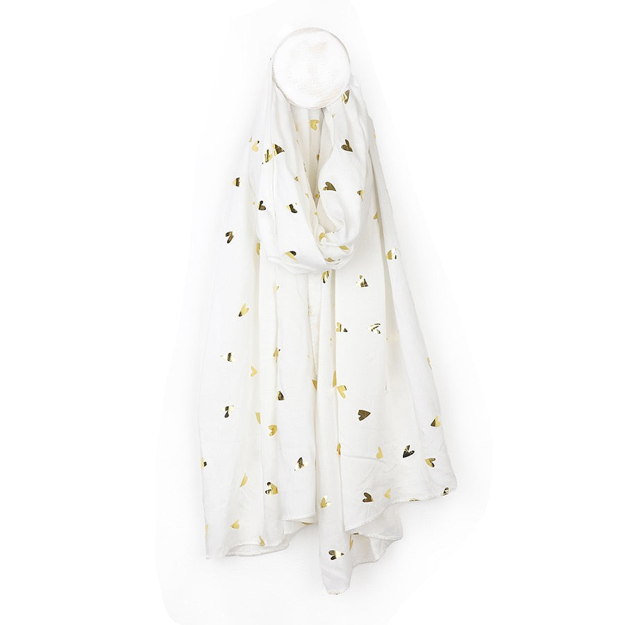 POM White & Metallic Gold Foil Pointed Heart Print Scarf