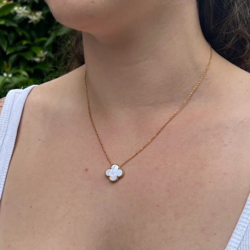 Byzantium White Shimmer Four Leaf Clover Pendant Necklace - Gold