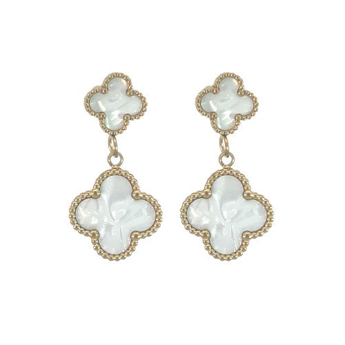 Byzantium Double Drop White Shimmer Four Leaf Clover Drop Earrings - Gold