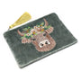 POM Seafoam Velvet Highland Cow Embroidered Zip Top Pouch with Tassel