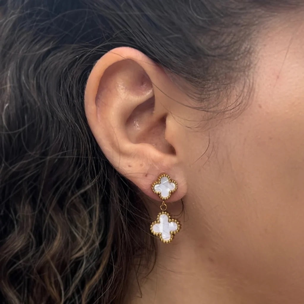 Byzantium Double Drop White Shimmer Four Leaf Clover Drop Earrings - Gold