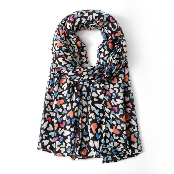Eco Styles - Heart Print - Lightweight Scarf -Black/Multi
