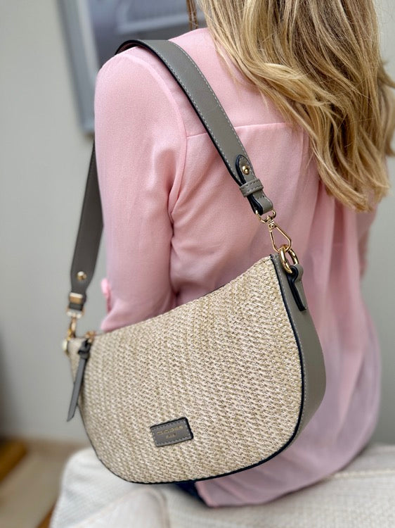 David Jones Woven Rattan (Watermelon Style) Crossbody Bag (7051-4)- Natural/Grey