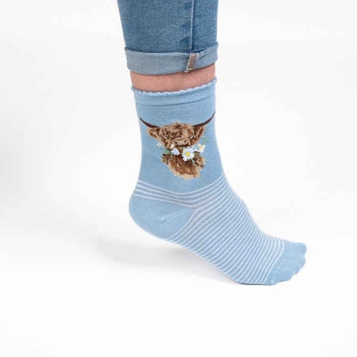 Daisy Coo Highland Cow Ladies Ankle Bamboo Socks -Blue -  Wrendale Designs