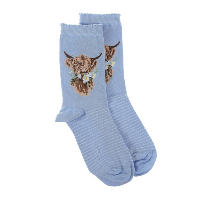 Daisy Coo Highland Cow Ladies Ankle Bamboo Socks -Blue -  Wrendale Designs