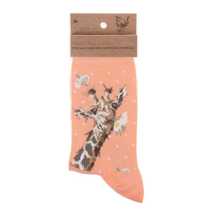 Flowers Giraffe Ladies Ankle Bamboo Socks - Coral - Wrendale Designs