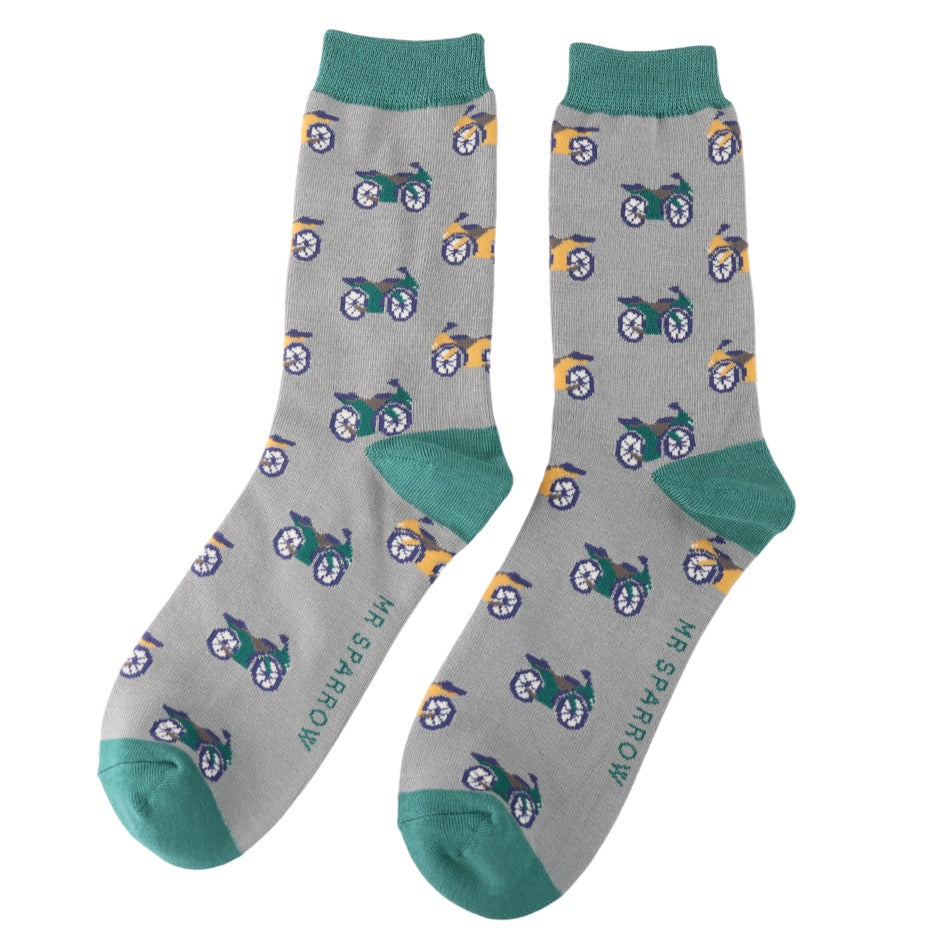 Mr Sparrow MENS Bamboo Ankle Socks - Motorbikes - Silver