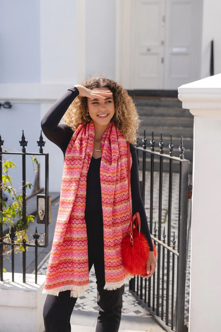 Park Lane Aztec Print Textured Fringe Edge Scarf - Wild Orchid