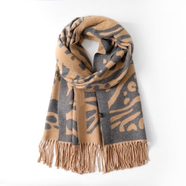 Leopard & Zebra - Camel & Grey Reversible Tassel Scarf - Cashmere Blend