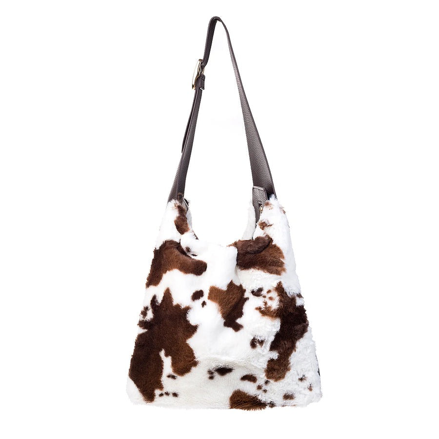 Park Lane -  Faux Fur & Faux Leather -  Large Slouch Shoulder Bag - Brown Cow Print/Chocolate