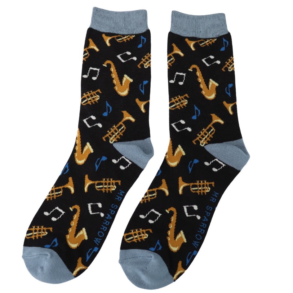 Mr Sparrow MENS Bamboo Ankle Socks - Brass Band Music - Black