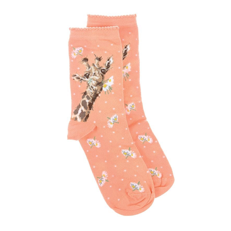 Flowers Giraffe Ladies Ankle Bamboo Socks - Coral - Wrendale Designs