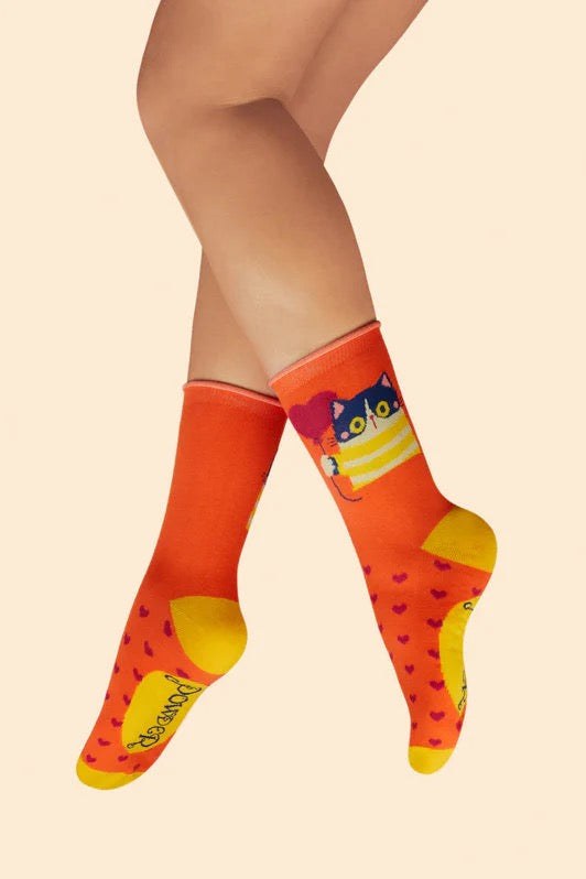 Powder Cat Lover - Ladies Bamboo Ankle Socks - Orange