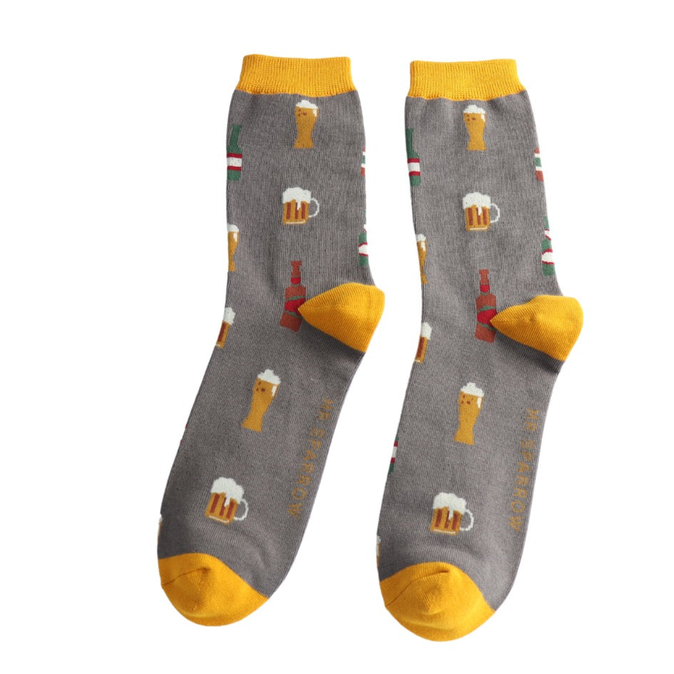 Mr Sparrow MENS Bamboo Ankle Socks - Here's to Beer - Grey