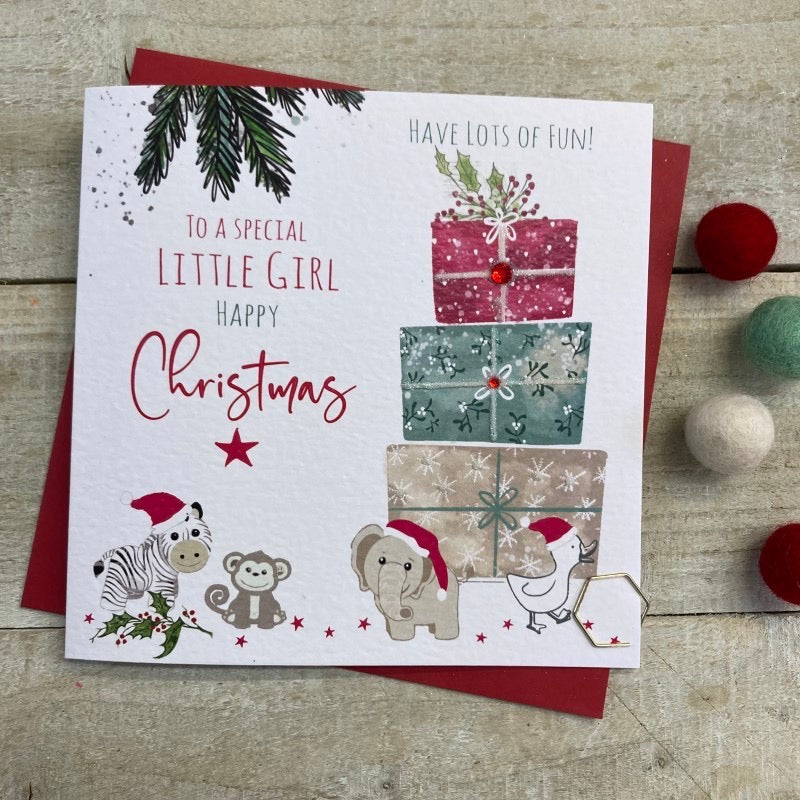 White Cotton Cards Special Little Girl Toys & Tree Christmas Card