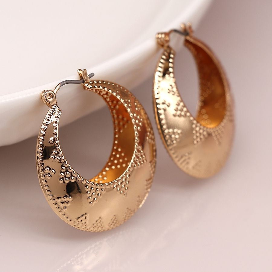 POM Golden Embossed Dotty Zig-Zag Statement Hoop Earrings