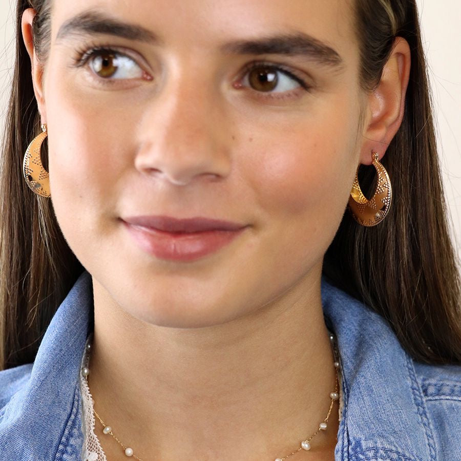 POM Golden Embossed Dotty Zig-Zag Statement Hoop Earrings