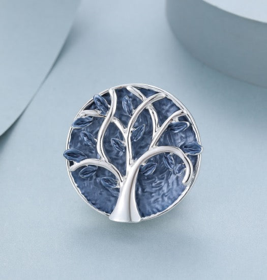 Gracee Jewellery Tree of Life Round Magnetic Brooch- Silver/Navy