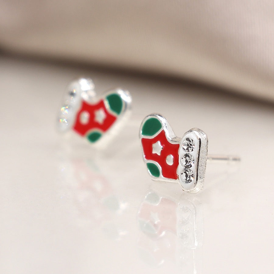 POM Sterling Silver Enamel Christmas Stocking Stud Earrings with Crystals