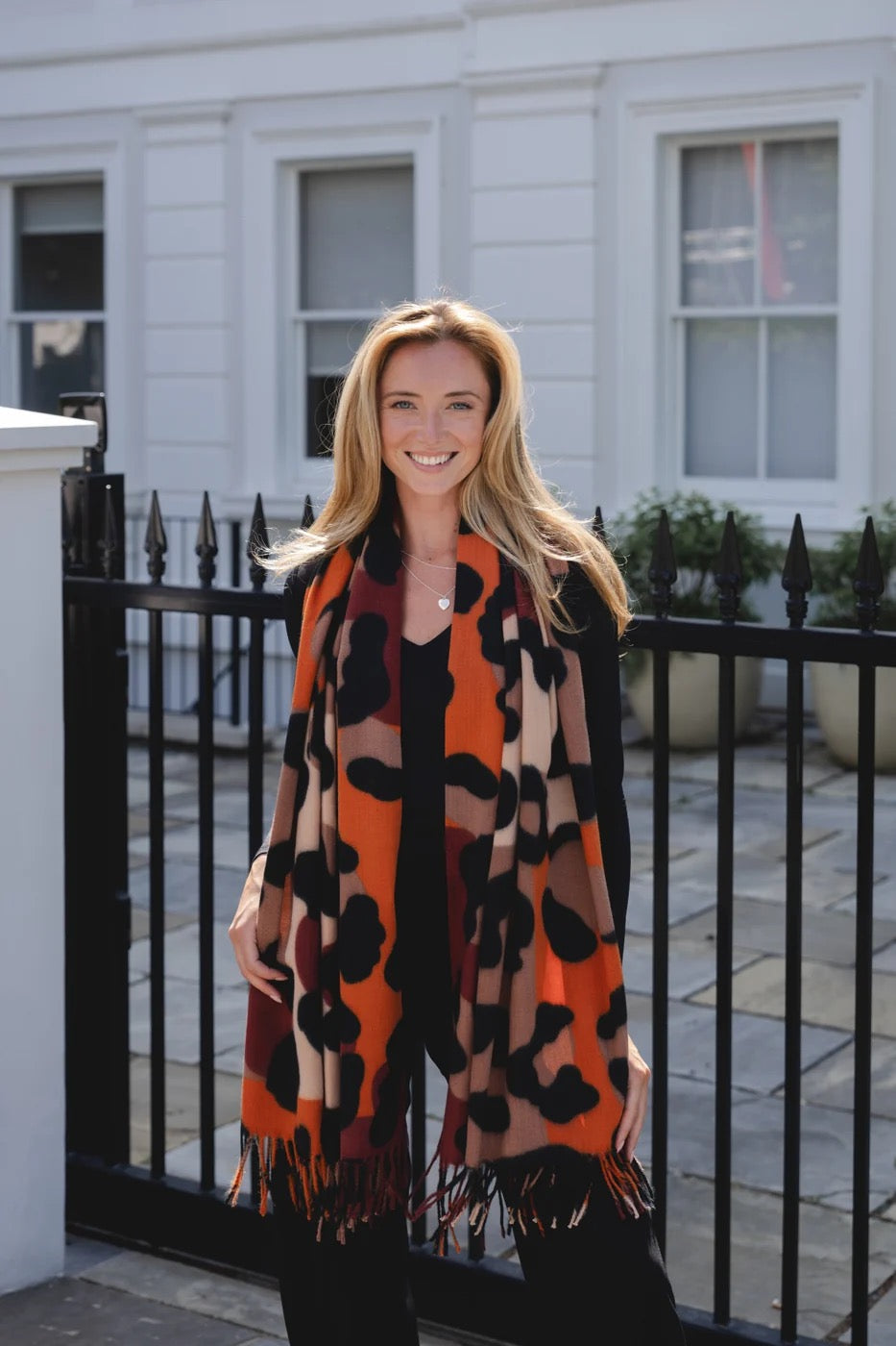 Park Lane Leopard Large Spot Multi-Coloured Soft Tassel Scarf - Burnt Orange