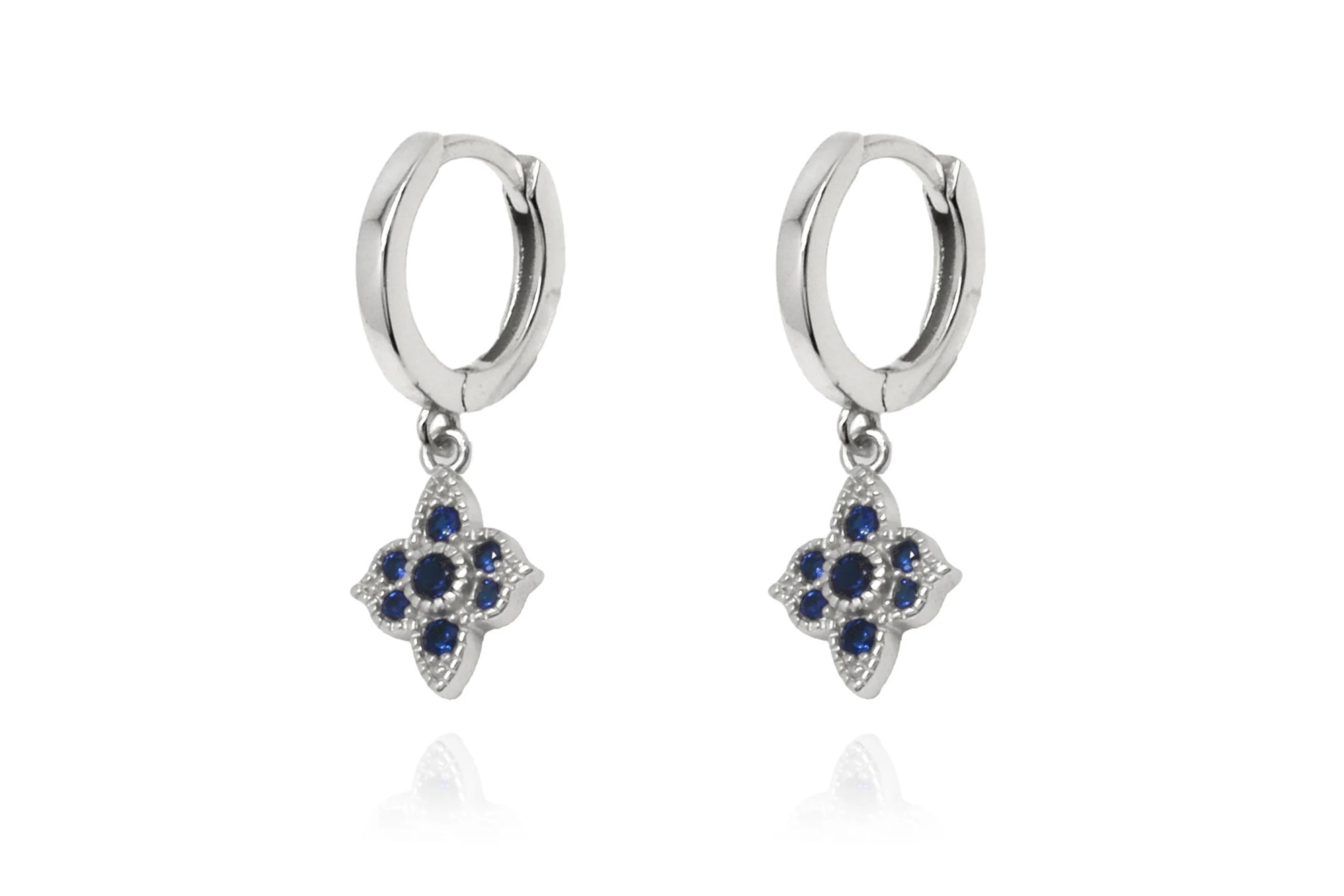 Boho Betty Theron Filigree Blue Sapphire Crystal Silver Huggie Hoop Earrings