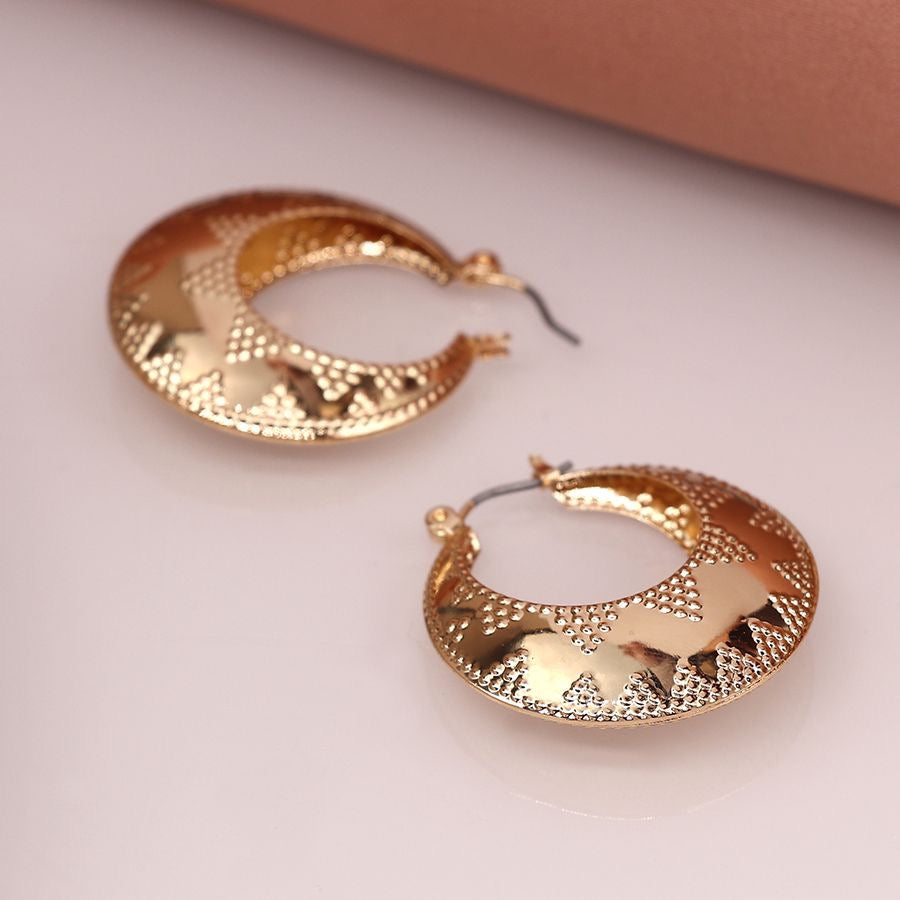POM Golden Embossed Dotty Zig-Zag Statement Hoop Earrings