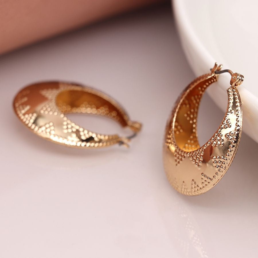 POM Golden Embossed Dotty Zig-Zag Statement Hoop Earrings