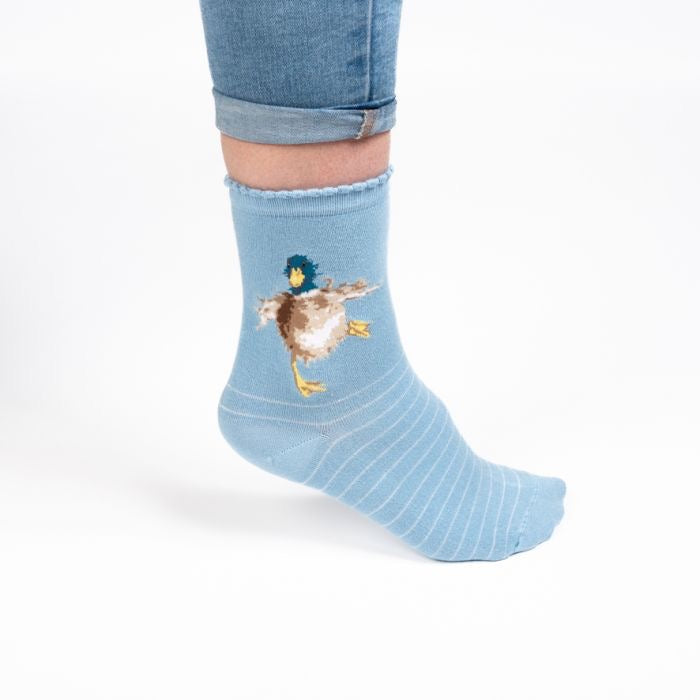 A Waddle & A Quack Duck Ladies Ankle Bamboo Socks - Blue - Wrendale Designs
