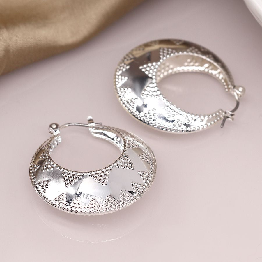 POM Silver Plated Embossed Dotty Zig-Zag Statement Hoop Earrings