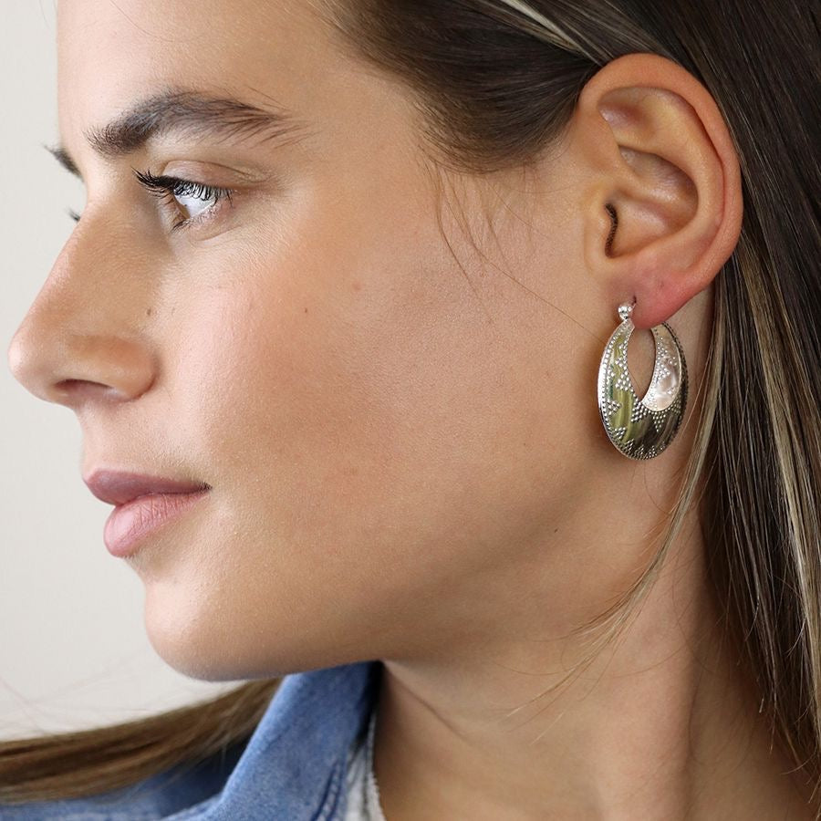 POM Silver Plated Embossed Dotty Zig-Zag Statement Hoop Earrings