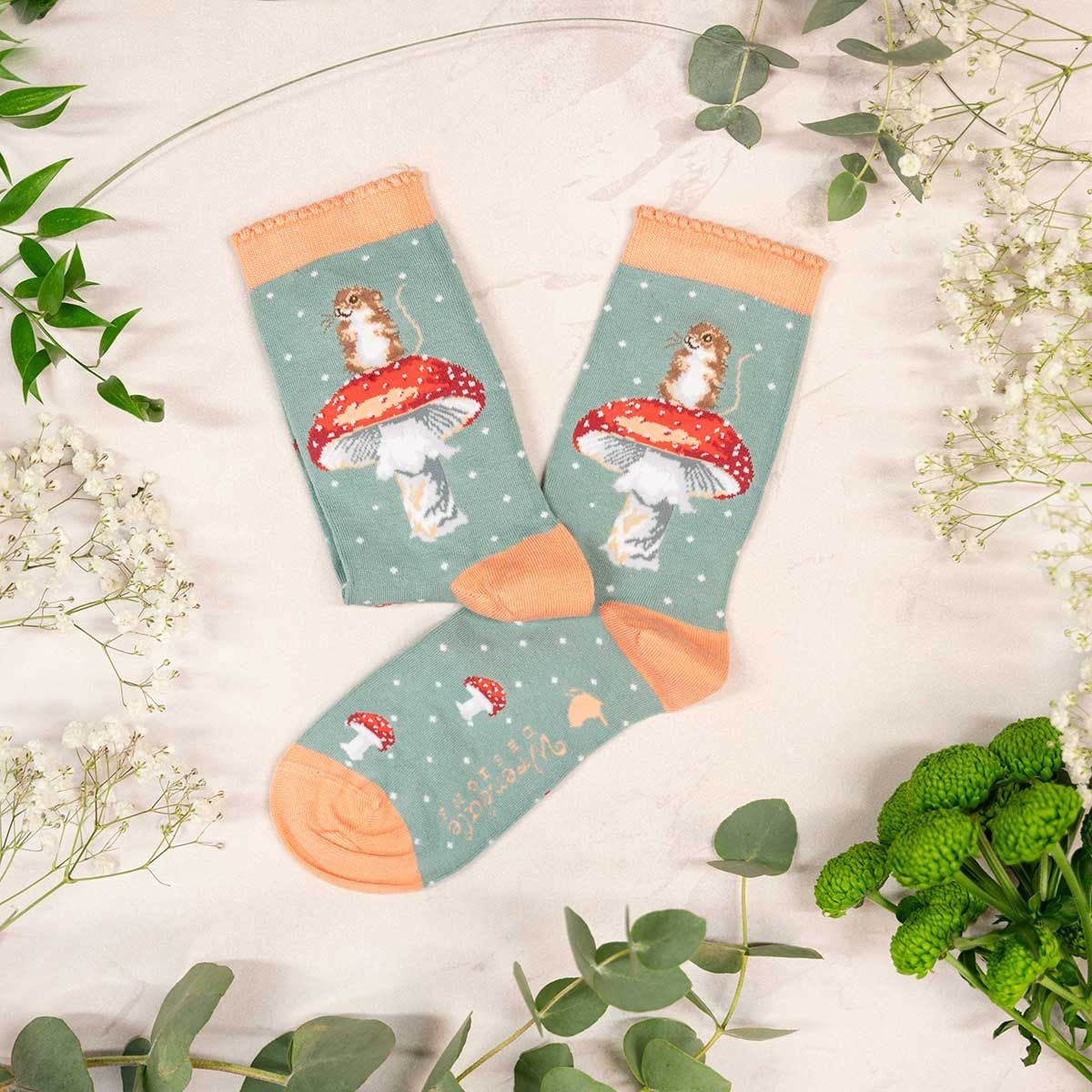 He's a Fungi Mouse Ladies Ankle Bamboo Socks - Duck Egg - Wrendale Designs
