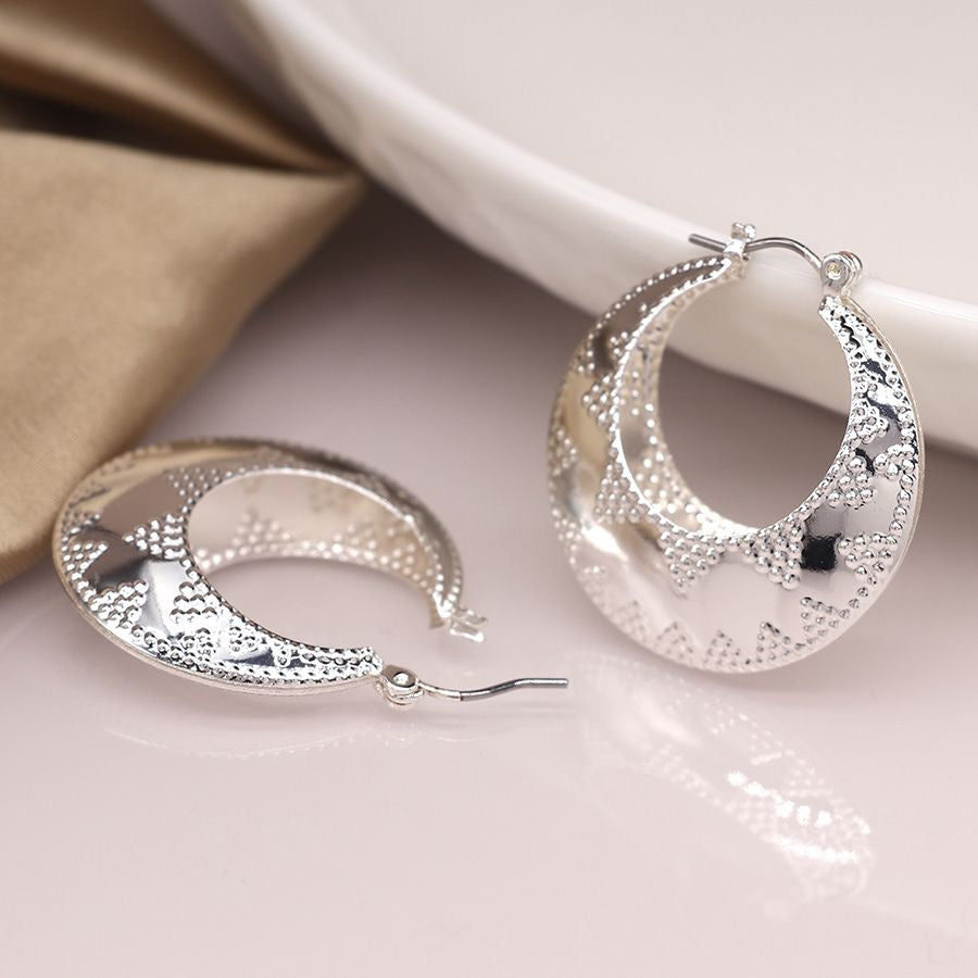 POM Silver Plated Embossed Dotty Zig-Zag Statement Hoop Earrings