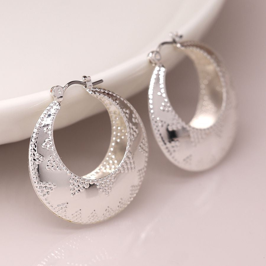 POM Silver Plated Embossed Dotty Zig-Zag Statement Hoop Earrings
