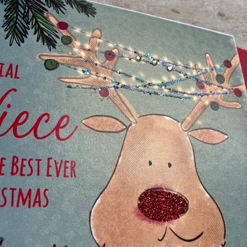 White Cotton Cards Special Niece Reindeer with Lights Christmas Card