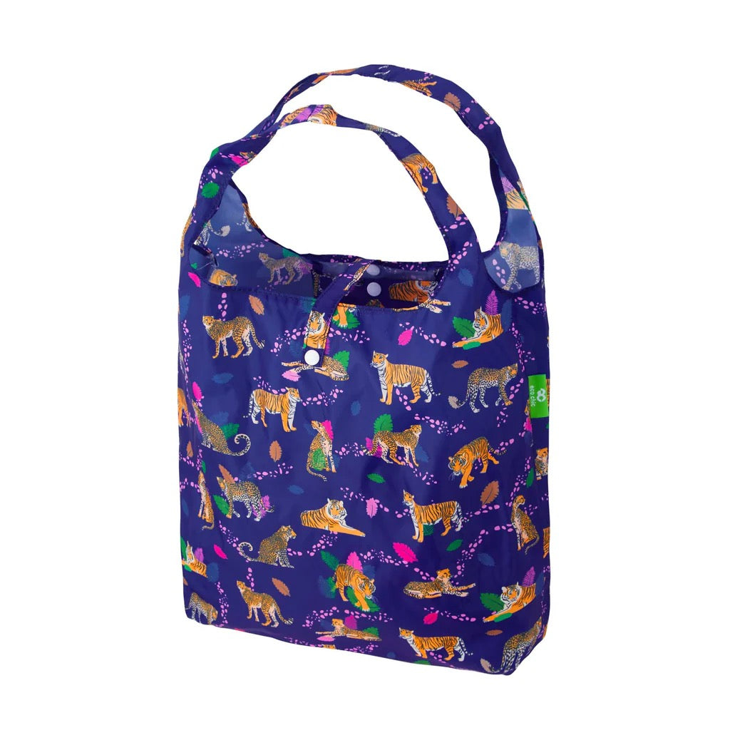 Eco Chic Foldable Recycled Shopping Bag - Big Cats Leopards & Tigers -Blue