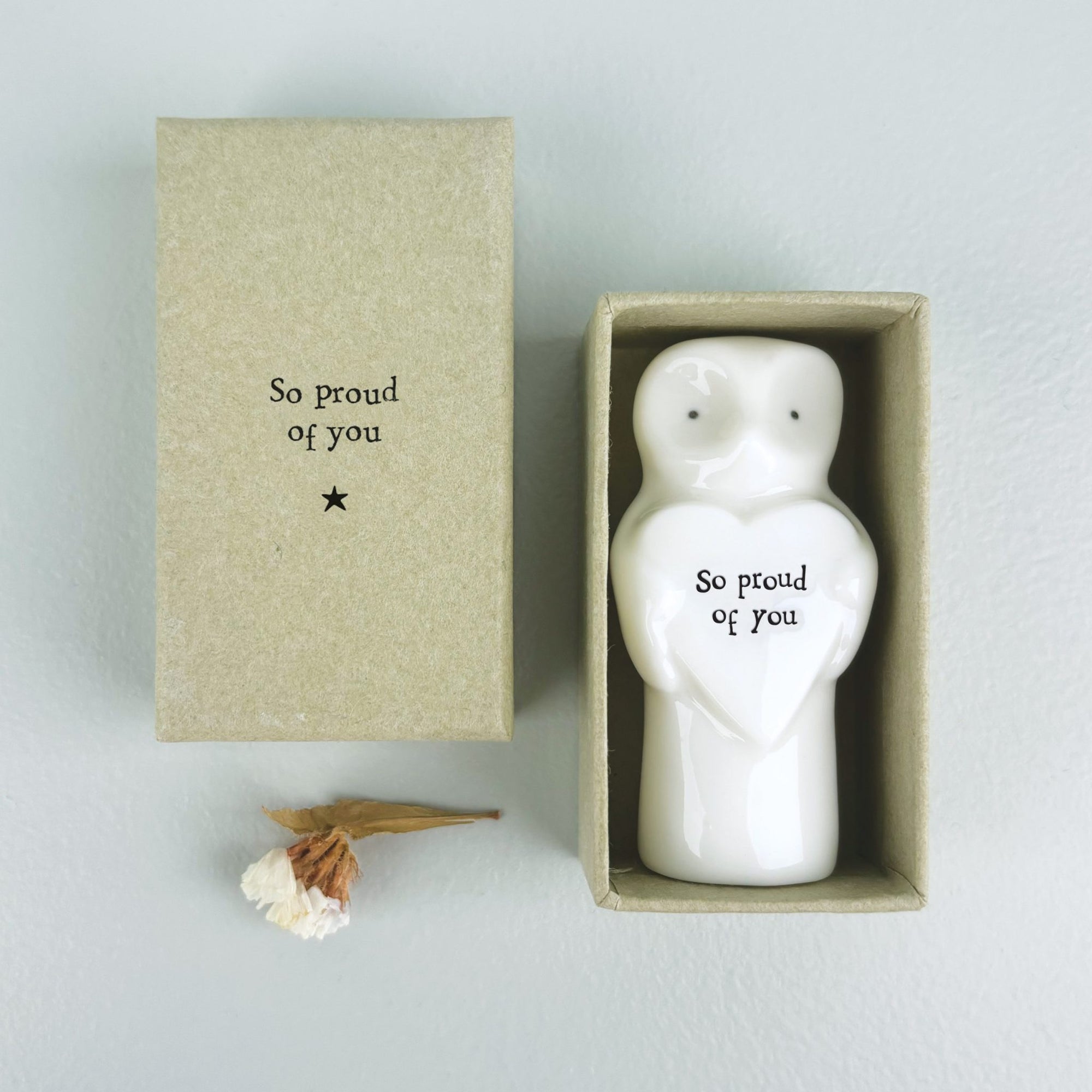 East of India Matchbox - Ceramic Owl with Heart Ornament - So Proud of You