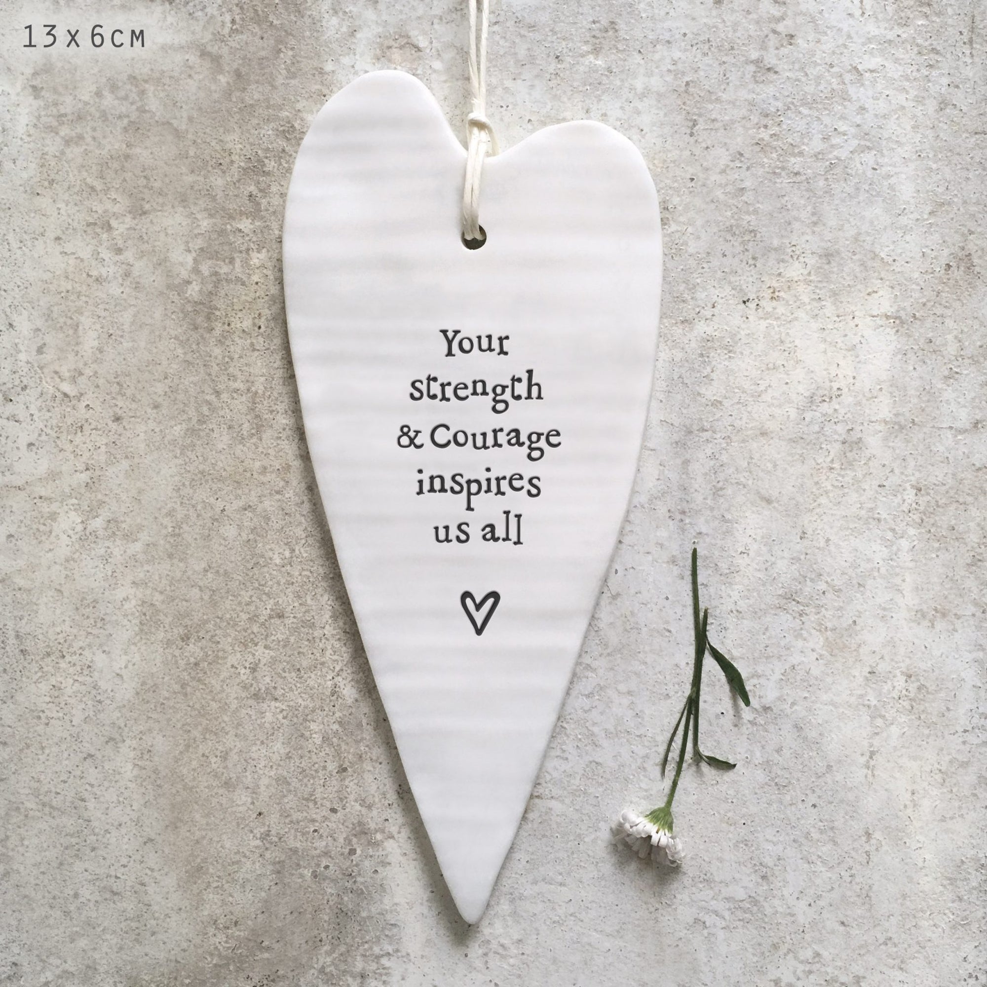 East of India Porcelain Long Hanging Heart - Strength & Courage