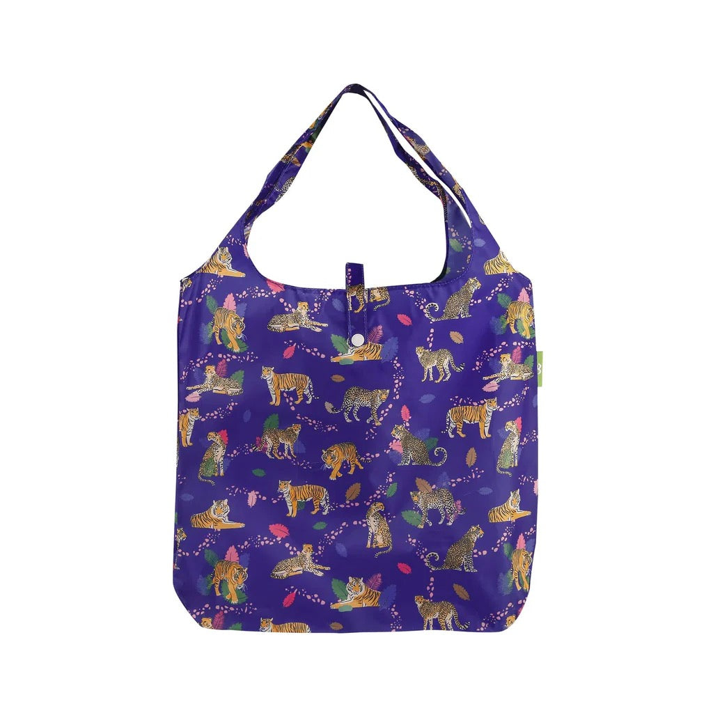 Eco Chic Foldable Recycled Shopping Bag - Big Cats Leopards & Tigers -Blue