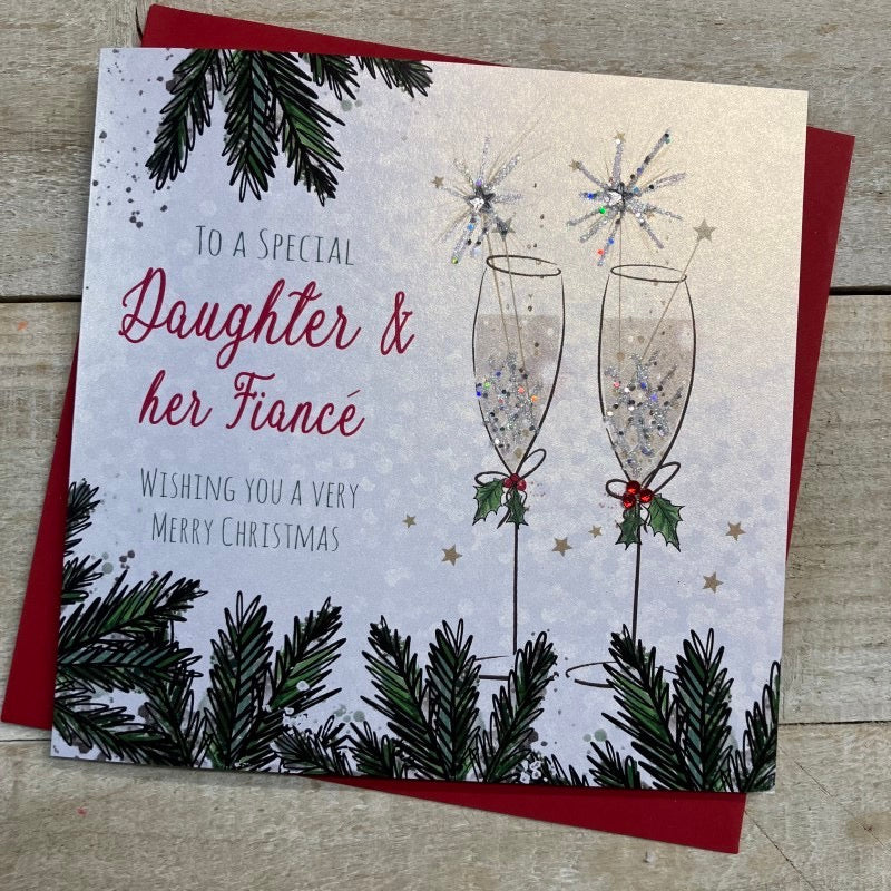 White Cotton Cards Daughter & her Fiancé Flutes Sparklers Christmas Card